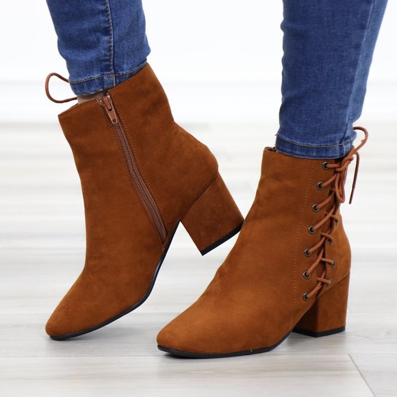 Brown Faux Suede Ankle Booties Side Laced Up - Picture 11 of 11
